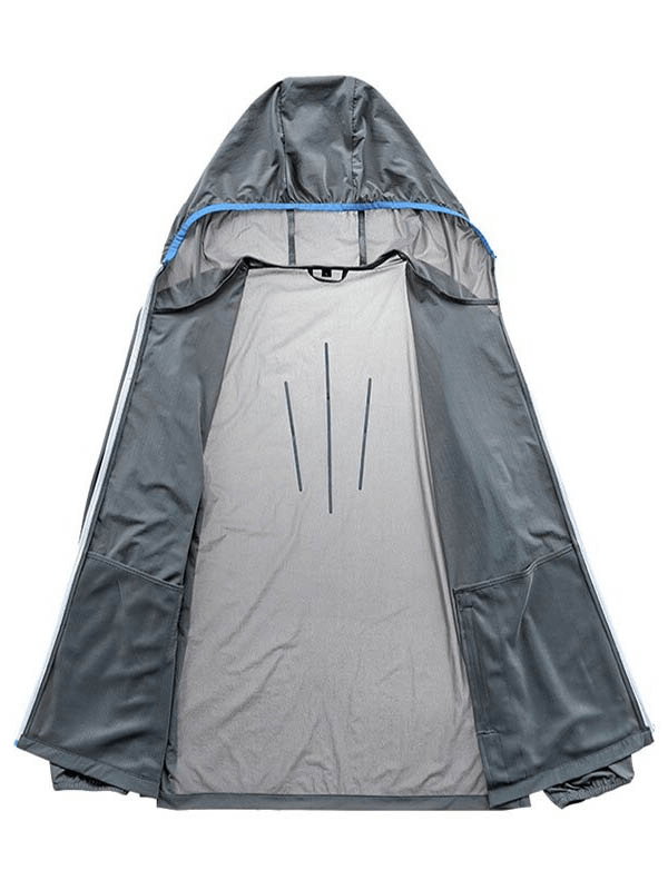 Open view of a gray hiking jacket showcasing breathable and windproof interior design for outdoor adventures.